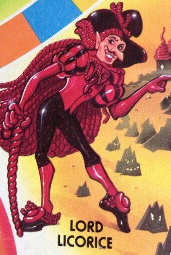 A drawing from the board game Candy land. This dudes name is lord licorice and he whole ass outfit is made of red and black licorice twists. He looks like a fancy fop with his cane, large brimmed hat, fancy mustache, and pointy dance shoes. This queen looks like worms, full stop, nothing licorice about it in my eyes 