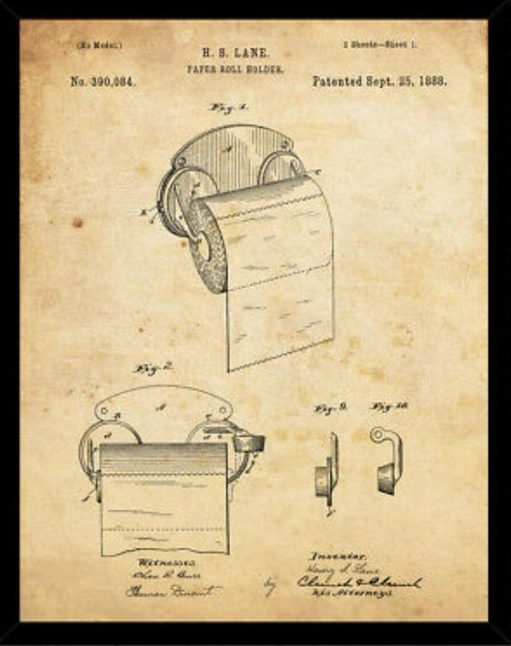 The original schematic drawing for the patent application of what would become the most common toilet paper holder. It depicts the roll of toilet paper used as having its roll over the top and not under from the back. 