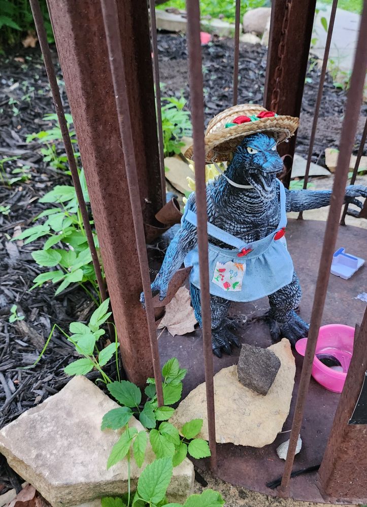 Godzilla is wearing a blue jumper with red buttons, and a matching straw hat with flowers.