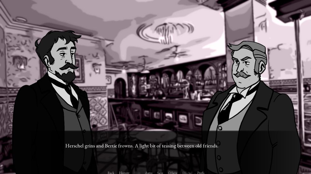 Screenshot of a visual novel. Two men are on screen having a conversation. The text of the visual novel reads "Herschel grins and Bertie frowns. A light bit of teasing between old friends." 