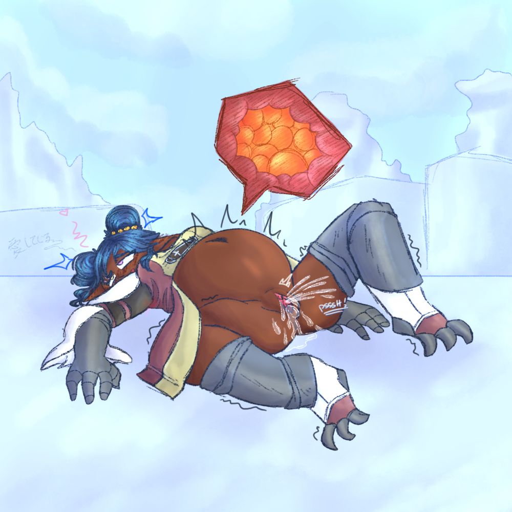 a black Wyverian woman with a pink left eye and a yellow right eye, blue buns, and a claw-shaped scar over her right eye (Sylvie) laying across the icy floor of the Frost Islands. she is wearing the Guild Cross armor, though her greaves are slightly pulled down, revealing her soaking wet pussy, and her massive belly is exposed to the cold air. Sylvie is shivering with delight as she squirts, eyes rolled to the back of her head. she’s kind of slurring her words, but she’s saying “愛してる” (I love you) to her offscreen, Auroracanth girlfriend. an internal view of her belly is seen: a cluster of orange colored eggs all fitting comfortably inside of her. one of them is a bit bigger than the others….