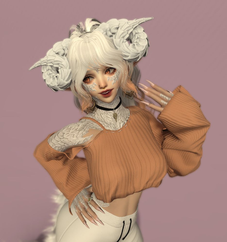 Alune is looking off to the left with a hand on her hip and her other hand fanning her face. She has a pale orange crop top sweater and white sweats on. She has a bird skull on a necklace and her hair is in her signature ponytail with her bright white horns on display. The background is solid lavendar.