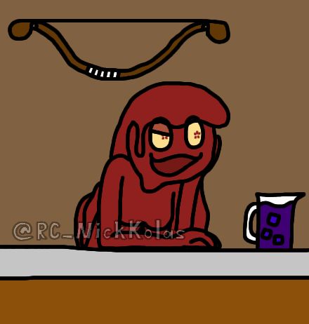 Artwork of my original character Pyra, a "sline girl" character made of a substance similar to strawberry jam. Her form is not very solid which causes her to look like she's melting. She is in a pub, enjoying a blueberry beverage and flirting with someone offscreen. A bow used for archery is hanging on the wall behind her. 