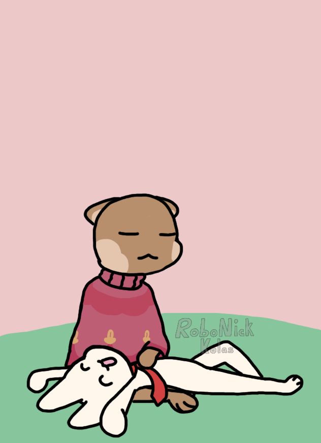 A drawing of two anthropomorphic cat characters sitting together in a field. Lia, a cat with light brown fur and a red-pink garment, is sitting upright. Misu, another cat with white fur and wearing a red tie, is lying across Lia's lap, sprawled out and stretching as Lia pets Misu's chest.