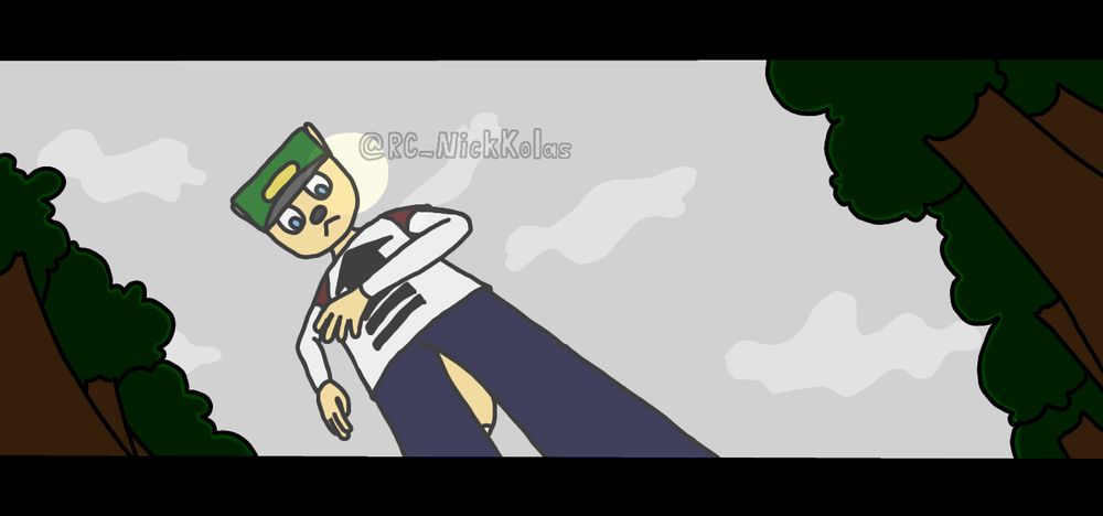 A POV piece of Jameson, an anthropomorphic fox character. He is transparent -- the sun shining through the overcast clouds shines behind him. His body language shows surprises as he stares down at the viewer, who is looking up at him.