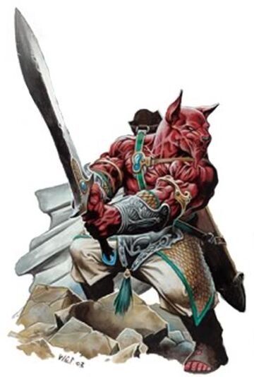 Hound Archon from D&D. A muscular, red-skinned, dog-headed angel with a massive sword.