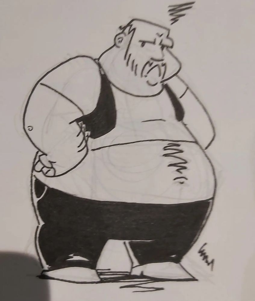 A sketch of Bruce the Angry Bear. He's scowling with his fists on his hips, as is his wont.