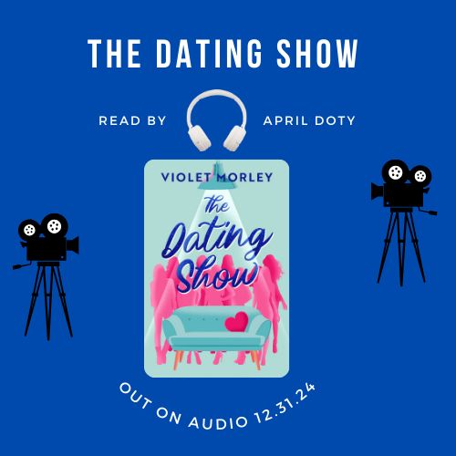 Graphic of the daring show read by April Doty out on audio 12.31.24. It’s a dark blue background with the cover of the book The Daring Show in the middle. Book cover is light green/blue background with a slightly darker light blue/green couch with a dark pink heart pillow. In the foreground with pink silhouettes of different women. There is also a light beaming over the photo from the top. Author Violet Morley