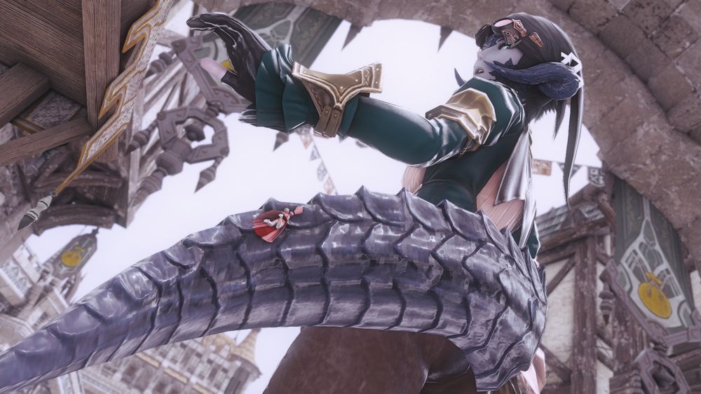Adya with her back to the camera, slightly turned as her tail sweeps across the foreground with a tiny Ishgardian noble woman hanging onto her scaled tail. 