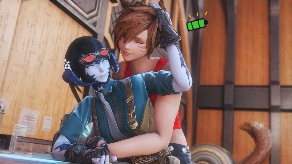 Adya scratching Shavri's ear and a green battery indicator next to Shavri's face indicating a recharged miqo'te! 