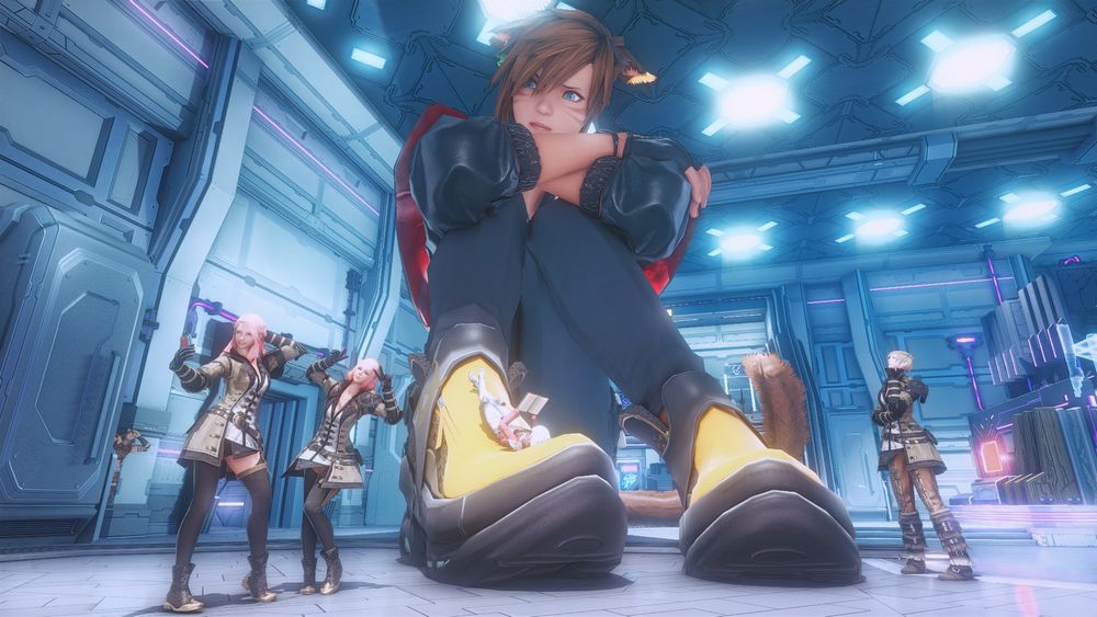 A gigantified Shavri sitting, cramped, within The Backroom, legs pulled up to her chest and looking a wee bit dismayed as the pink-haired Oblivion twins selfie below her and Alisaie rests on her shoe. Shale looks on, intrigued, and off in the distance Wuk Lamat peeks in at the strange scene playing out.
