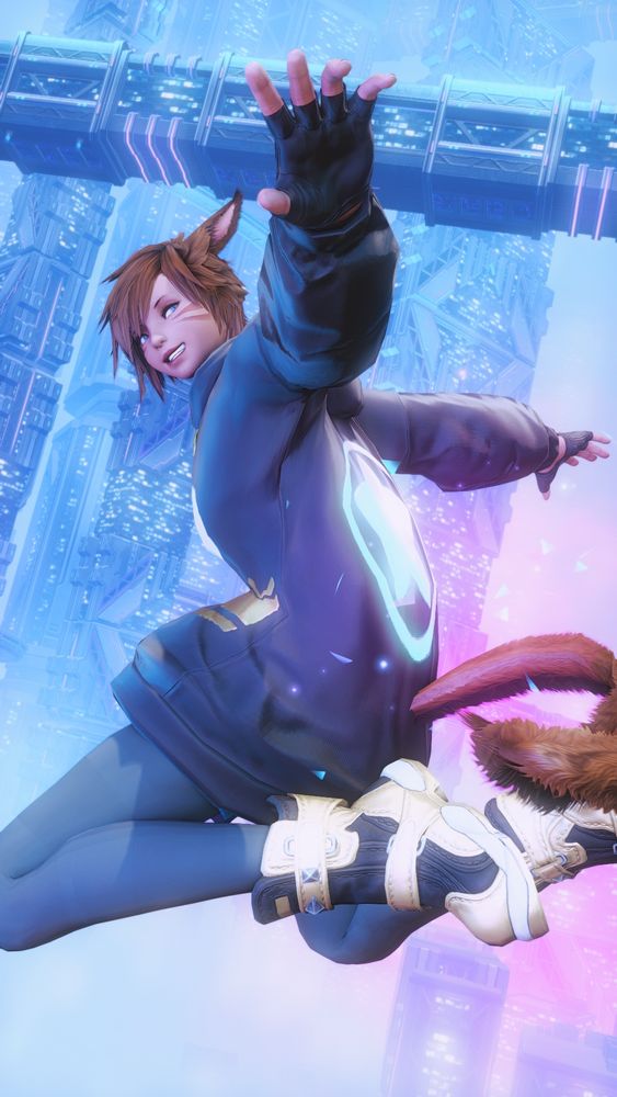 Shavri leaping through the air, cityscape in the background. 
