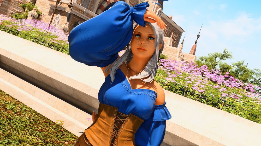 Morgaine, a tan skinned highlander with silver hair and green eyes shields her eyes from the sun as she looks out on Ala Mhigo from the Royal Menagerie