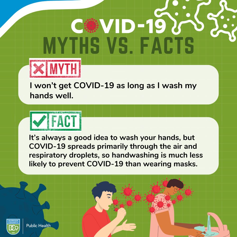 COVID-19 myths vs. facts. myth: I won’t get COVID-19 as long as I wash my hands well. Fact: It’s always a good idea to wash your hands, but COVID-19 spreads primarily through the air and respiratory droplets, so handwashing is much less likely to prevent COVID-19 than wearing masks.