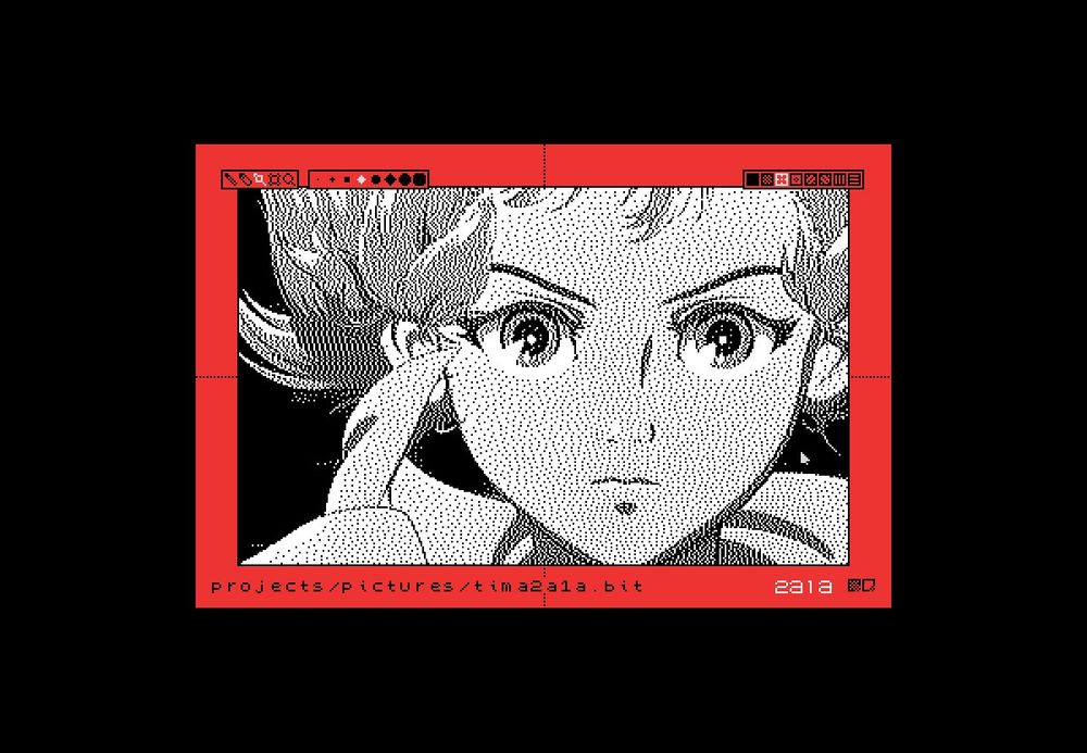 Noodle, a 1-bit illustration program for the Uxn
virtual machine. Screenshot, Hundred Rabbits, 2021.