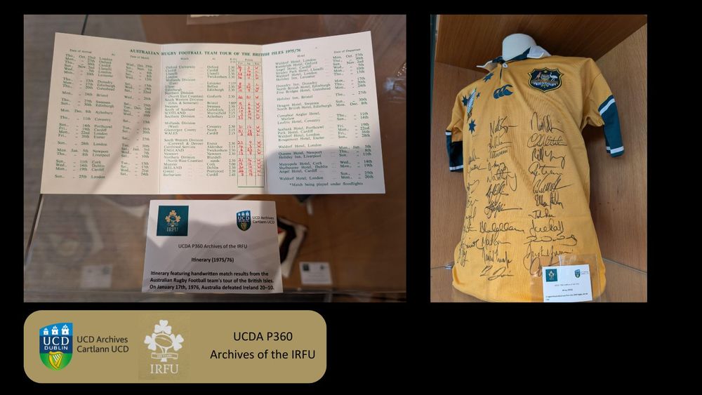 Graphic with two images:
1. Itinerary featuring handwritten match results from the Australian Rugby Football team's tour of the UK and Ireland on 17 January 1976. Australia defeated Ireland 20-10.
2. A signed Australia jersey from the 2003 Rugby World Cup