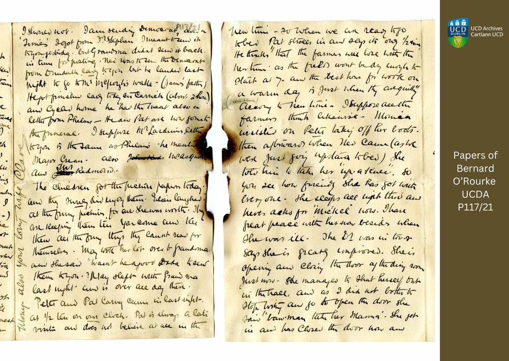 Clare O’Rourke, County Monaghan to Bernard O’Rourke imprisoned in Richmond Barracks, [May 1916]:
‘Peter and Pat Carny came in last night at half ten on our clock. Pat is always a later visitor and does not believe at all in the new time—so when we are ready to go to bed Pat strolls in and says it’s only half nine. He thinks “that the farmers will lose with the new time as the fields won’t be dry enough to start at 7...”’.