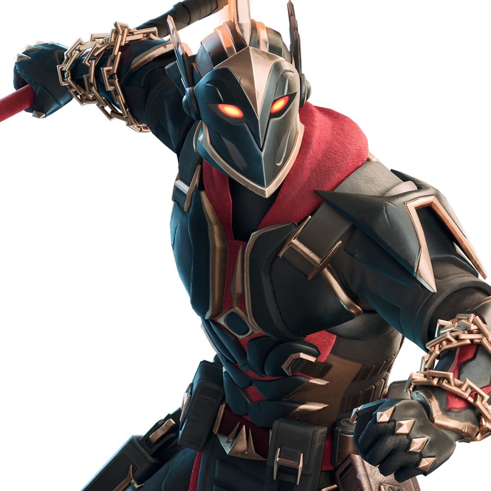 Ares from Fortnite. He is wearing black and gold armor with red cloth accents. His helmet has glowing orange eyes.