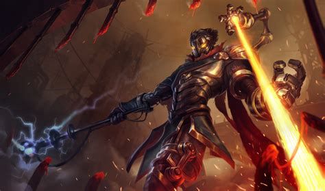 Viktor from League of Legends. He is wearing black and gold armor with red cloth accents. His helmet has glowing orange eyes.