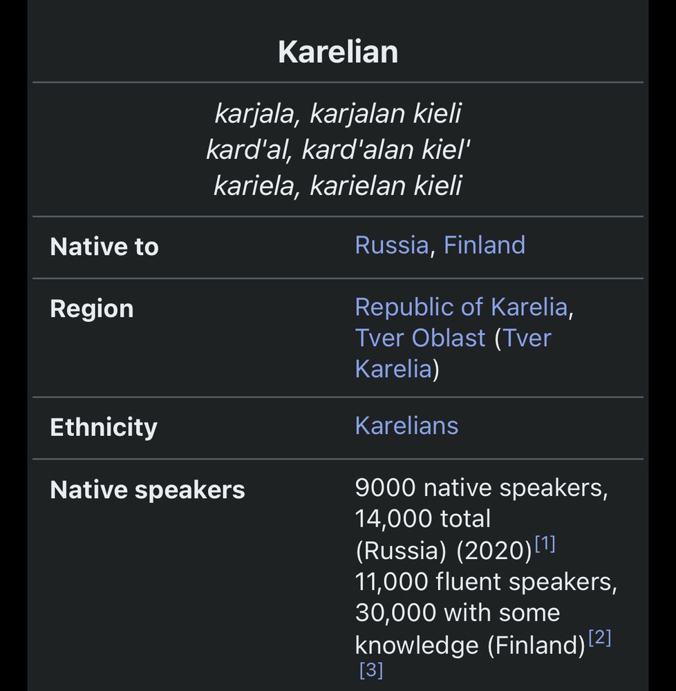 Karelian has 9000 native speakers and 14,000 speakers overall in Russia. It also has 11,000 fluent speakers in Finland, with 30,000 having some knowledge of the language overall.
