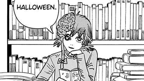Cosmo sitting in a library, saying "Halloween" more calmly.