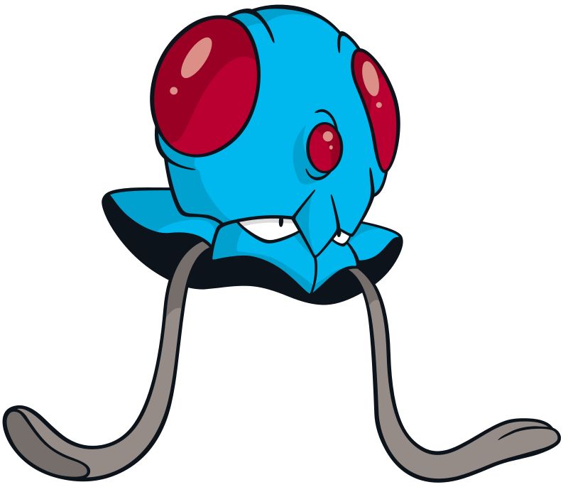 The Pokémon Tentacool. It has a bulbous blue body with two large, red, gemlike false eyes on either side as well as a smaller one in the center. Its two real eyes are below. Two brown tentacles sprout from under its body.