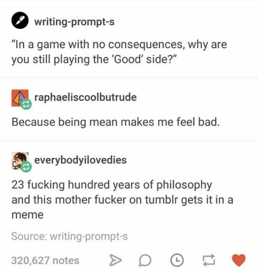writing-prompt-s
"In a game with no consequences, why are you still playing the 'Good' side?"
raphaeliscoolbutrude
Because being mean makes me feel bad.
everybodyilovedies
23 fucking hundred years of philosophy and this mother fucker on tumblr gets it in a meme