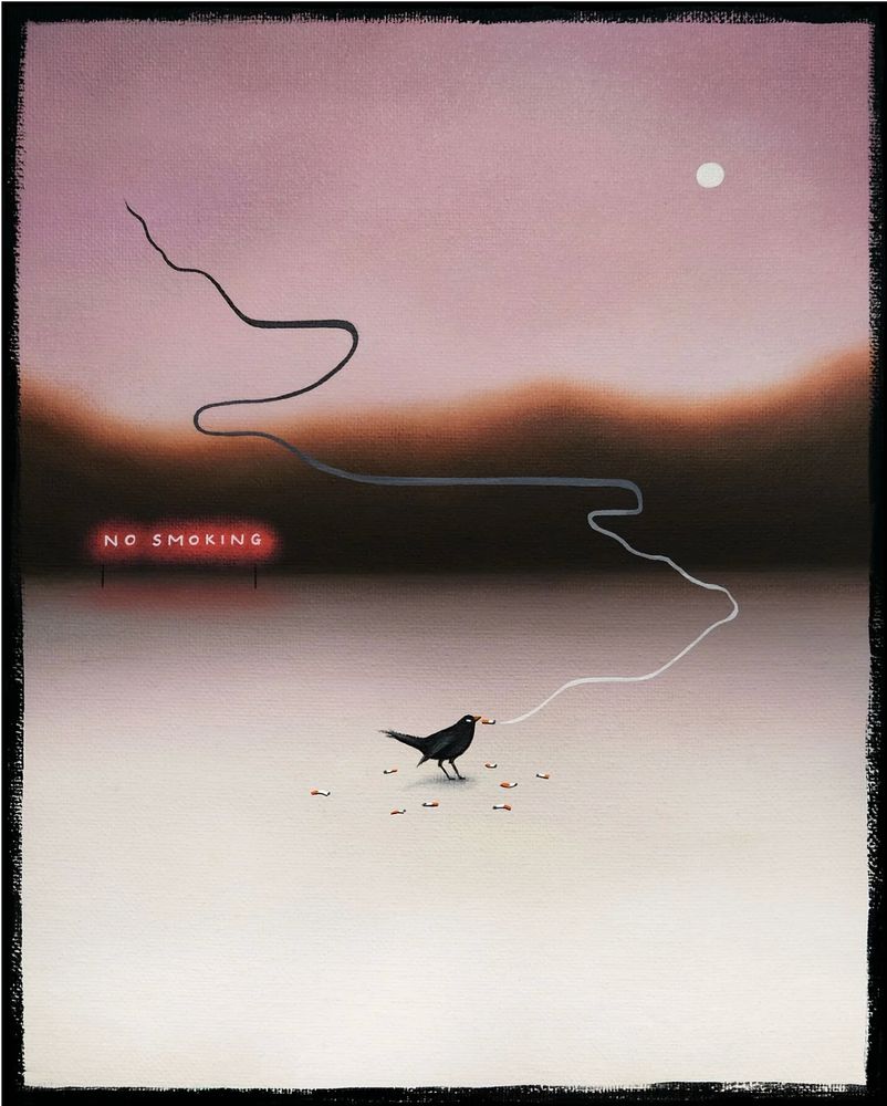 a single crow in the center of a blurry, empty landscape. there is a 