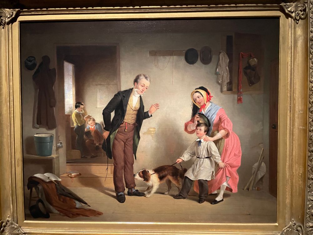 Painting of a tutor introducing himself to a little boy who is DISMAYED but his dog is sniffing at the tutor’s leg 