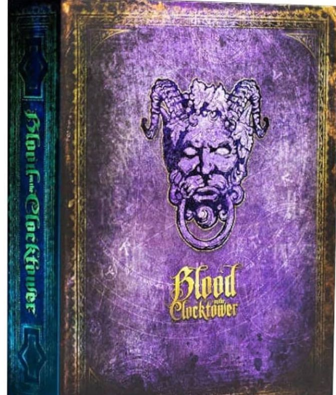 Photo of the cover of Blood on the Clocktower. This is a Grimoire (large book) with a purple cover, a picture of a demon and the words Blood on the Clocktower on it.