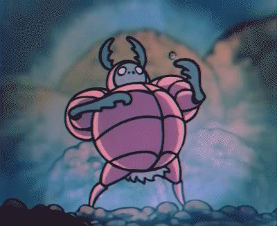 The Dung Defender from Hollow Knight beats his chest, shaking the screen