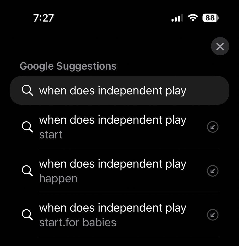 Phone screen capture of Google search results to question of when independent play starts in children.