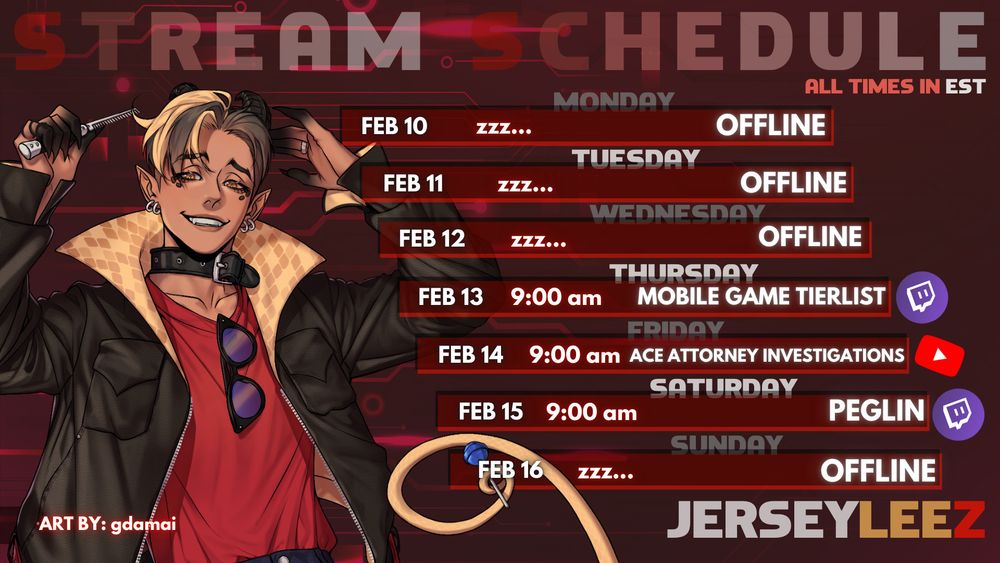 All Times in EST:
Thursday, February 13th at 9AM - Mobile Game Tierlist
Friday February 14th at 9AM - Ace Attorney Investigations
Saturday February 15th at 9AM - Peglin