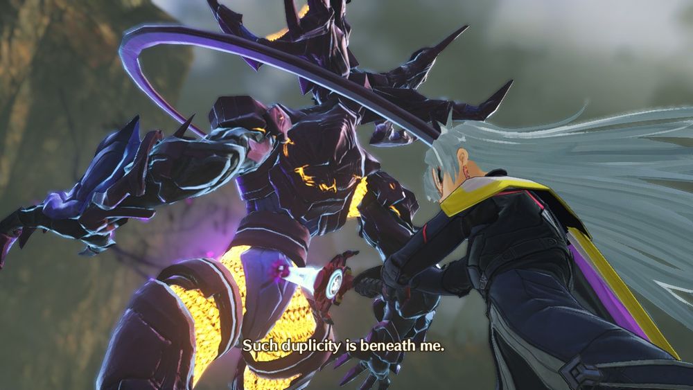 Screenshot of A from Xenoblade 3 Future Redeemed. A's cape has been edited to have the colors of the Nonbinary pride flag - stripes of yellow, white, black and purple.