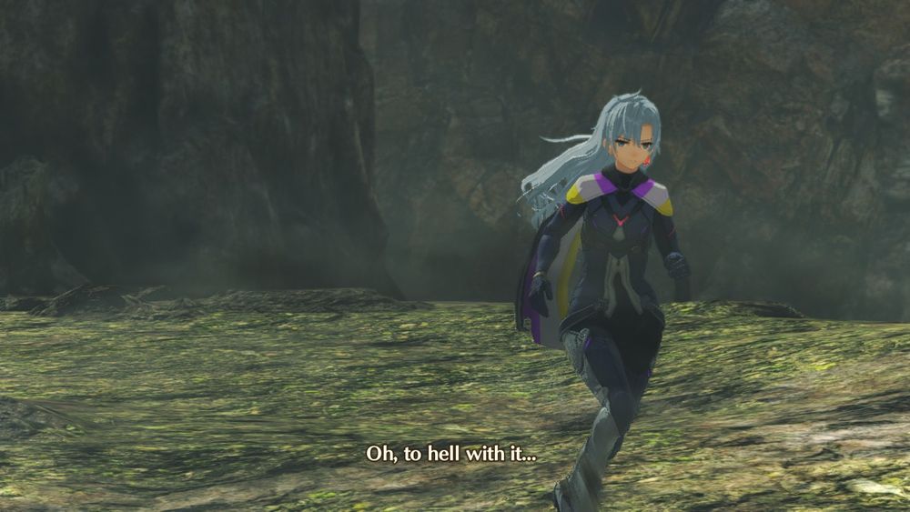 Screenshot of A from Xenoblade 3 Future Redeemed. A's cape has been edited to have the colors of the Nonbinary pride flag - stripes of yellow, white, black and purple.