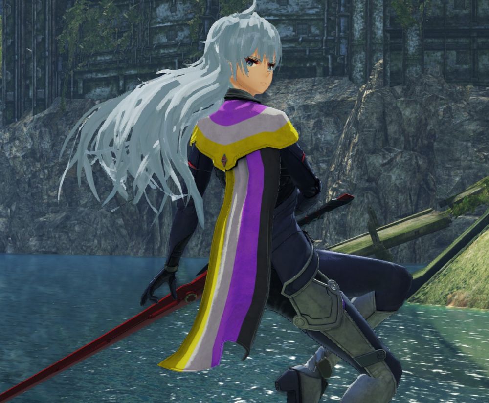 Screenshot of A from Xenoblade 3 Future Redeemed. A's cape has been edited to have the colors of the Nonbinary pride flag - stripes of yellow, white, black and purple.