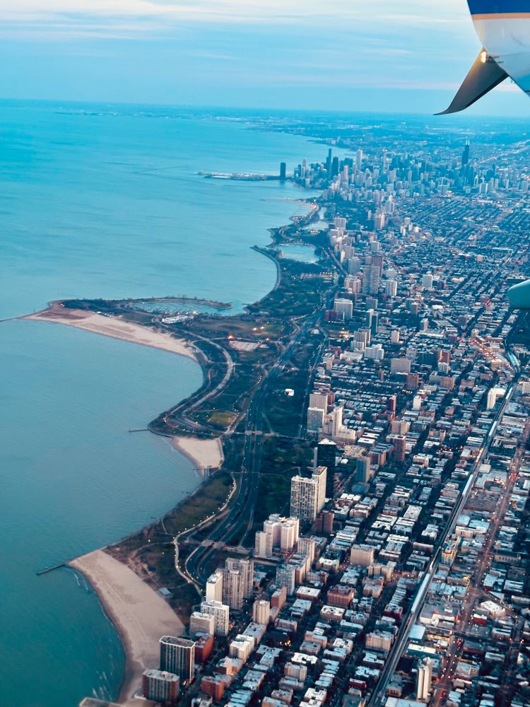 the north side of chicago as seen from a plane about to land at o’hare
