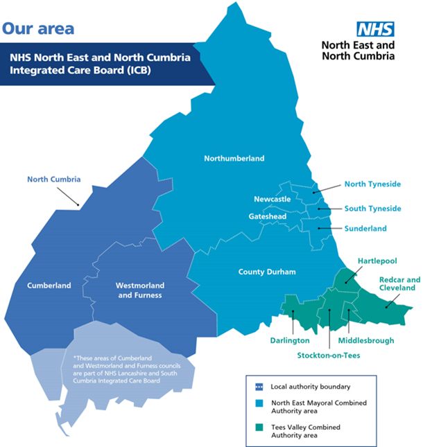 Map of the North East and North Cumbria Integrated Care Board geographical area