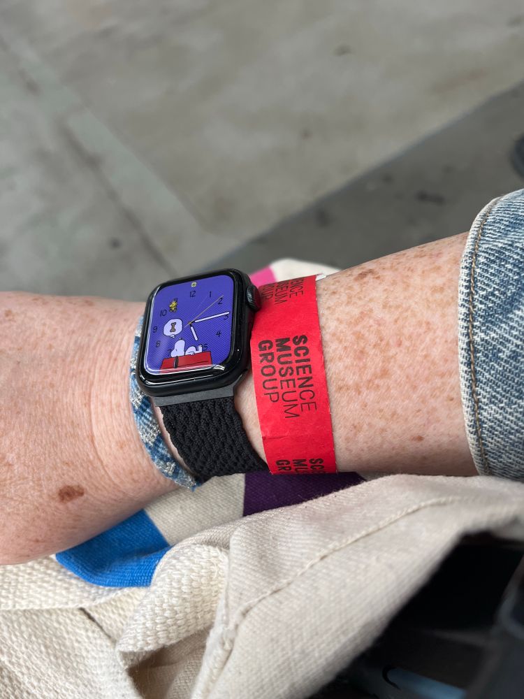 A red paper wristband on my right wrist, with “Science Museum Group” shown in black capital letters. 

Also on my wrist is a watch with a Snoopy face, and a friendship bracelet in shades of blue in a chevron pattern. 