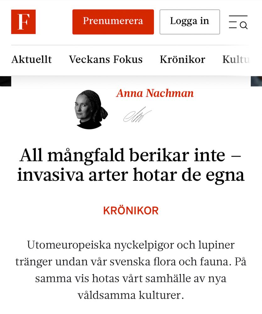 Krönika av Anna Nachman

All mångfald berikar inte – invasiva arter hotar de egna

Utomeuropeiska nyckelpigor och lupiner tränger undan vår svenska flora och fauna. På samma vis hotas vårt samhälle av nya våldsamma kulturer.