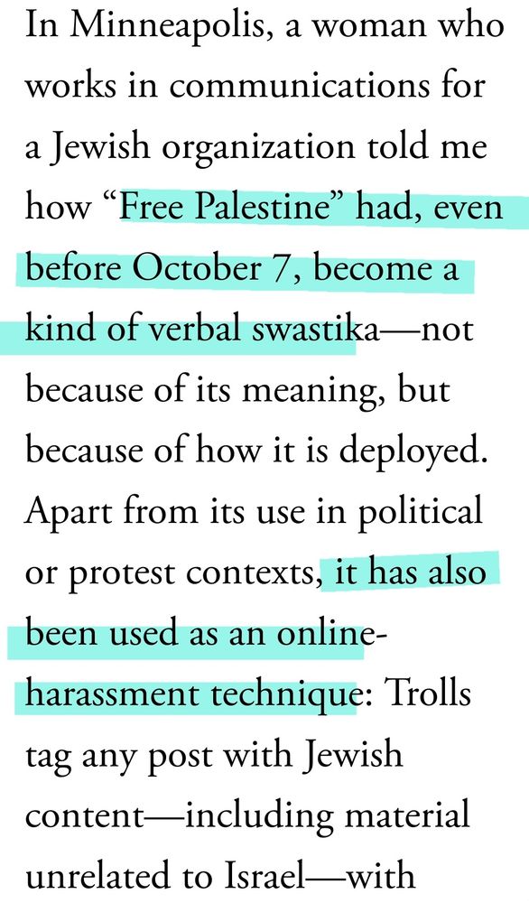 Screenshot quoting a claim that the slogan "Free Palestine" is a "kind of verbal swastika" used as online harassment.