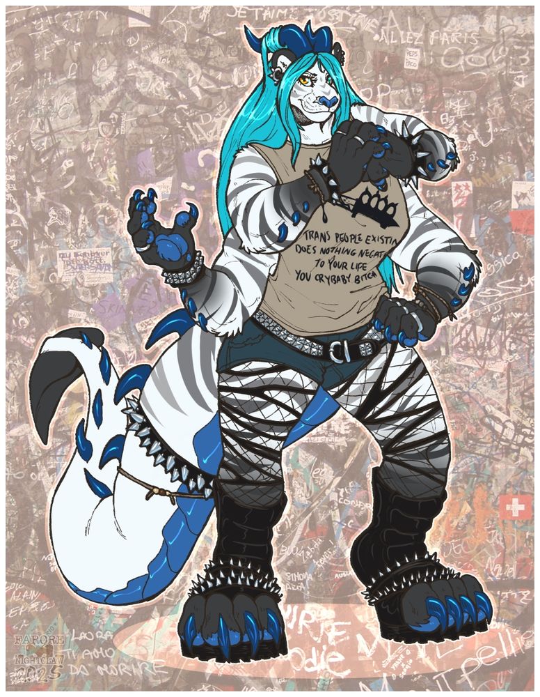 A digital colored sketch of a black, grey, and white anthropomorphic tiger-dragon hybrid. She has four arms and large paws with a long thick tapered tail ending in a black spade. Along the top of her tail are dark blue spikes, and the underside has medium blue scutes. Her paw pads and nose are the same medium blue as her scutes, and her claws, forearm spikes, and backswept horns are the same dark blue as her tail spikes. She is standing with her left lower hand on her hip, her right lower hand raised to the side showing her paw pads, and appears to be cracking the knuckles of her left upper hand with her right upper hand. She is smirking at the viewer. She has long teal hair with a lock of it wrapped around her right horn. She is wearing a tan shirt with a design of a black knife with brass knuckles on the handle and the words 'TRANS PEOPLE EXISTING DOES NOTHING NEGATIVE TO YOUR LIFE YOU CRYBABY BITCH' in black. She is also wearing dark denim booty shorts with a black belt covered in silver pyramid studs. She is also wearing black cuffs with silver spikes on her upper wrists, a black cuff with silver pyramid studs on her right wrist, various silver rings on her fingers, a black cuff with silver spikes on her tail, and black bands with silver spikes around her footpaws over her black, open-toed paw boots. She also has ripped black stockings over black fishnet stockings and brown string bracelets with brown beads around her left lower wrist and a brown string with brown beads around her tail. The background is a peach-tinted pattern of layers of graffiti tags.