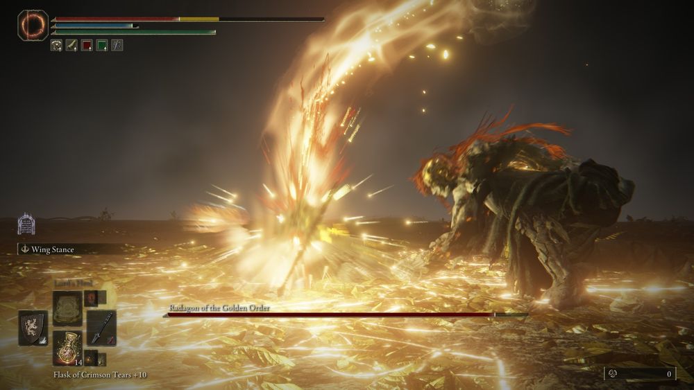 The last image is a screenshot of the game Elden Ring, showing Radagons grab attack in which he just slams his hammer down on the Tarnished in a wide golden arc. The image is blurry from the speed of motion and power of impact.
