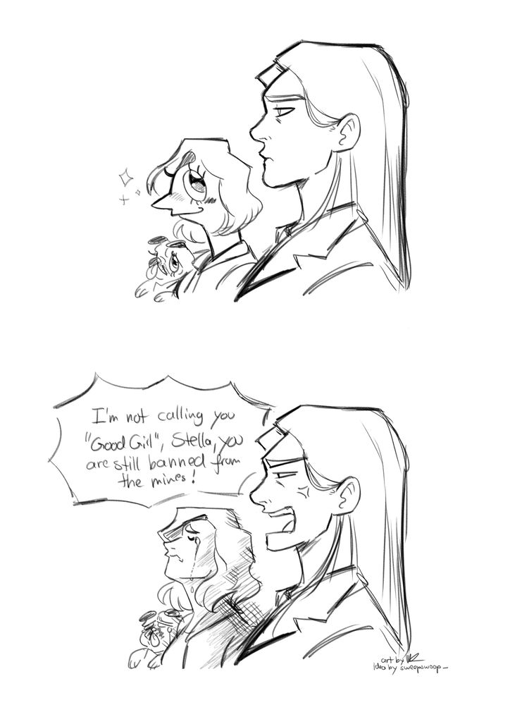 A scarlet hollow two panel comic based on a dungeon meshi twitter drawing trend/meme. The first panel shows tabitha staring to the left in a stoic/blank manner while Stella looks at her wirh big shiny and cartoony eyes. Gretchen imitates her expression.

On the second panel below tabitha is mad and says "I'm not calling you Good Girl, Stella, you're still banned from the mines!" And both Stella and gretchen dramatically look away with a single tear running down their cheeks.