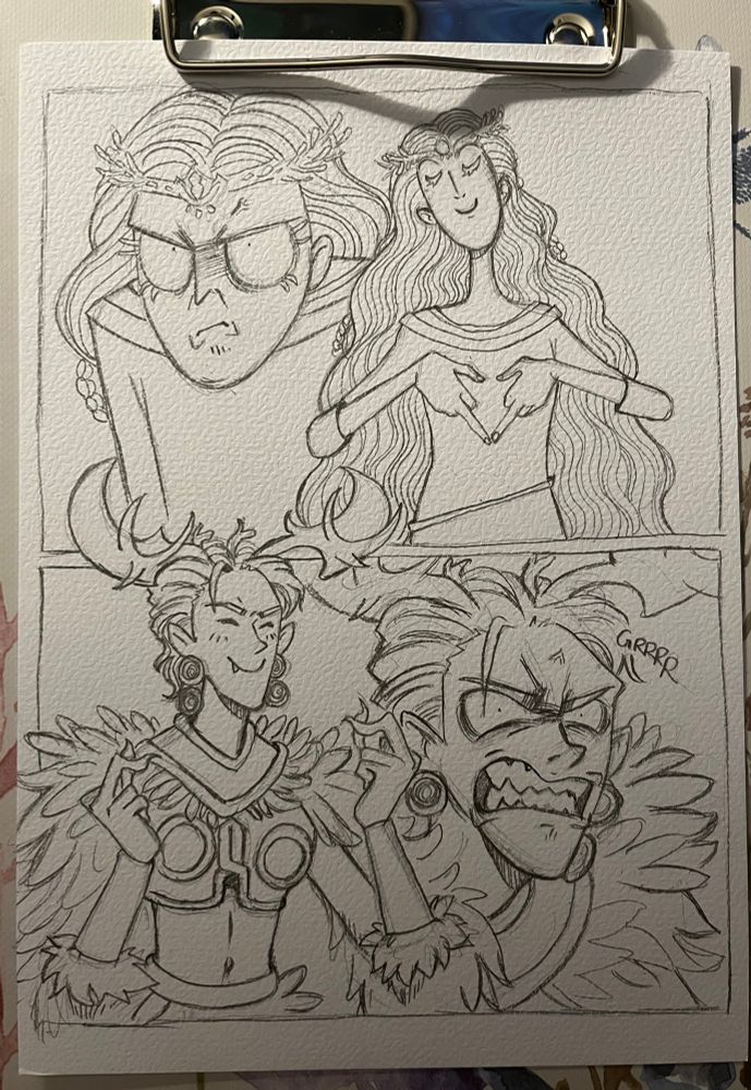 Pencil drawing of a meme redraw, showing miquella and my Tarnished Caelmir making little hearts at each other with their hands but they both use their middle fingers for the hand signs. They smile but in the background their true feelings are showing