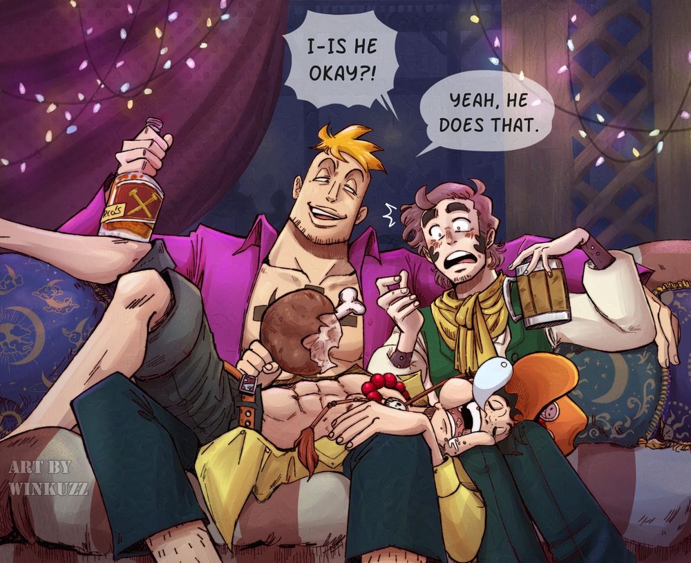 A one piece fanmade artwork depicting three men on a couch in a cozy nighttime/bar celebration scene. Two men are sitting, one of them is Marco the Phoenix, next to him my OC Luly van Kalayan, who seems startled and kinda flushed (from alcohol and cause of the proximity of two guys, he's very gay lol). Marco has an arm loosely around Luly and holds a bottle of something alcoholic in his other hand, which he leaned on the leg of the third man, who's draped across both Marco's and Luly's laps. It's Portgas D Ace, who's holding a piece of meat in his right hand, he's snoring loudly, fast asleep from another food induced narcoleptic moment. Luly seems startled cause it's implied ace ate sth and then just passed out across their laps, and he asks "I-is he okay?!" - and Marco answers nonchalantly "Yeah, he does that"