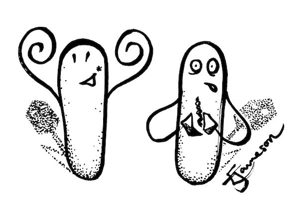 Black and white ink cartoon of a strong bacteria on the left with a sleeping phage for a shadow and a dazed bacteria making on the right making phages with a waking phage shadow