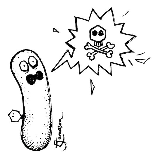 Black and white ink cartoon of a scared, shouting bacterium with wide eyes, it has a hexagonal phage particle on its back. The bacterium has its mouth open and is shouting, in a speech bubble coming is a skull and cross bones, the skull is hexagonal and looks a bit like a phage