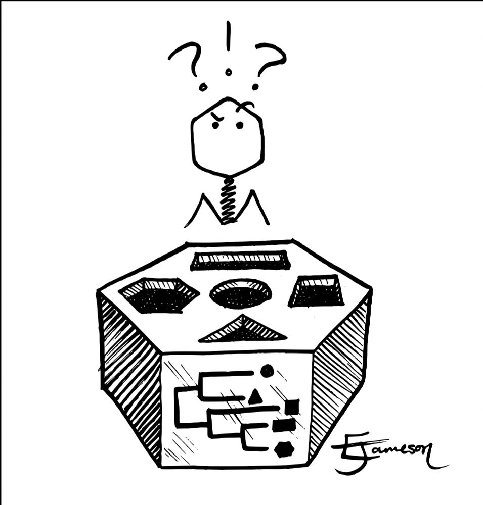 Black and white ink cartoon of a myovirus-like phage with eyes and eyebrows looking confused with “?!?” above its head. The page is hovering above a hexagonal child’s sorting toy with different shaped holes. On the front of the toy is a simple phylogenetic tree with shapes corresponding to the holes at the end of the branches