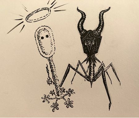 Black and white ink drawing of a cartoon demon phage next to an Angel phage